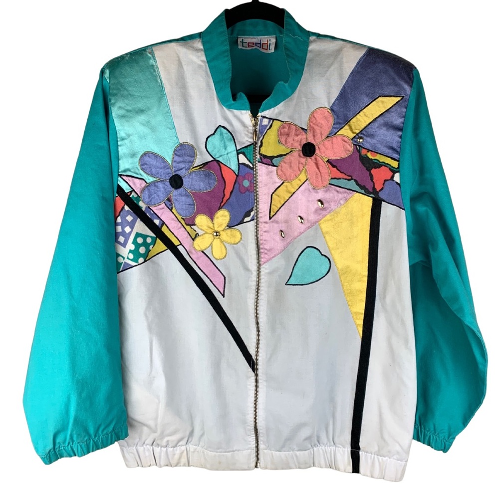 Vintage 80’s Teddi Brand Teal Abstract Bomber Jacket with Gold accents